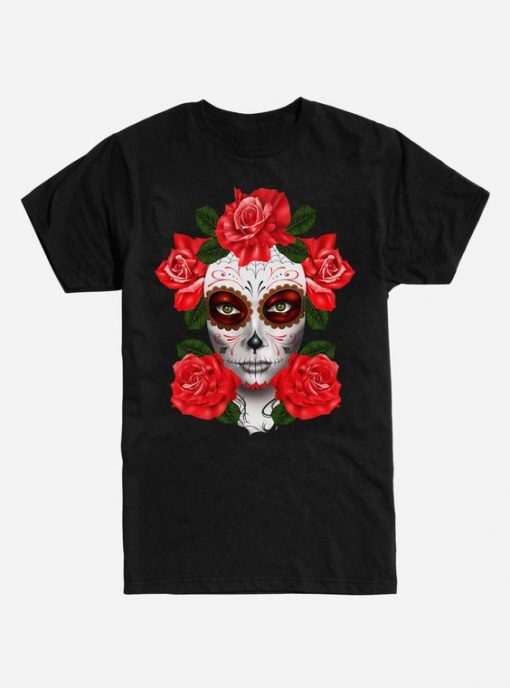 Muertos Girl Sugar Skull Rose T-Shirt AD01