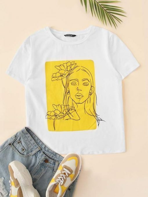 Floral and Figure Print Tee T-shirt AV31