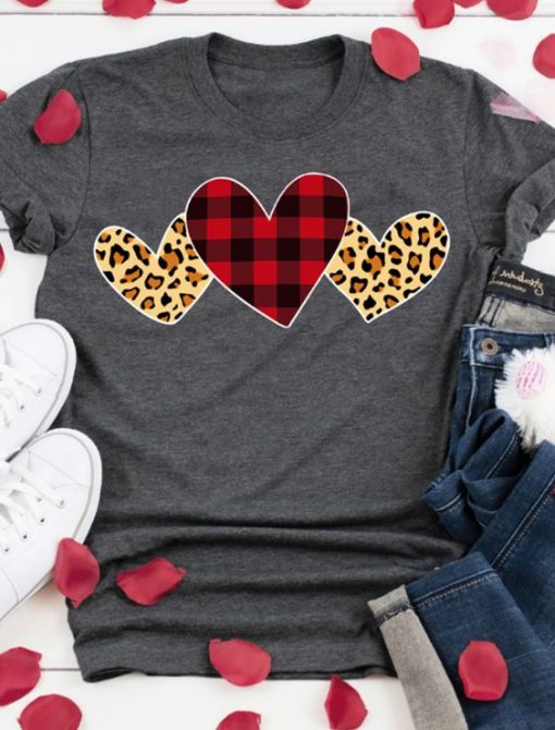 Plaid Leopard Printed Heart T-Shirt FD7J0