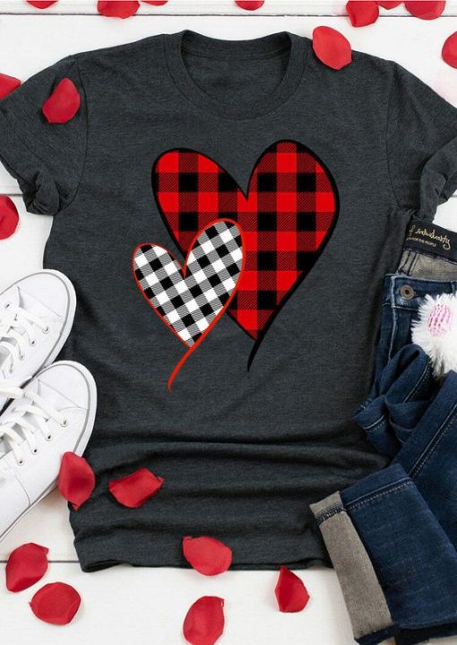 Valentine Plaid Splicing Heart Tshirt FD11J0
