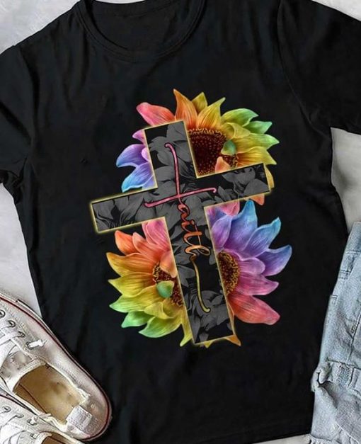 Artfical Flower Cross Faith Cotton T Shirt TPKJ1