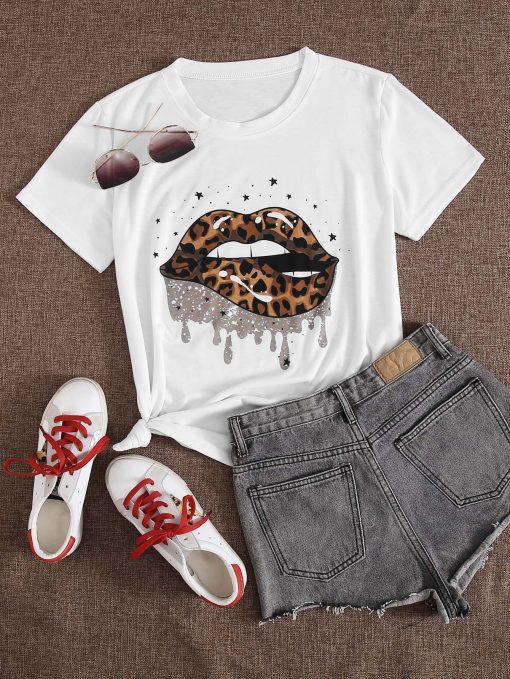 Leopard Lip Print Short Sleeve Tee TPKJ1