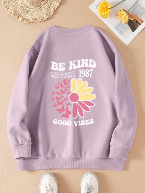 Plus Floral & Slogan Graphic Thermal Pullover Sweatshirt TPKJ1