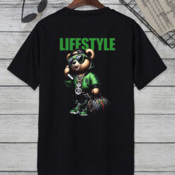 lifestile bear holding a cellphone and a cool bag t shirt